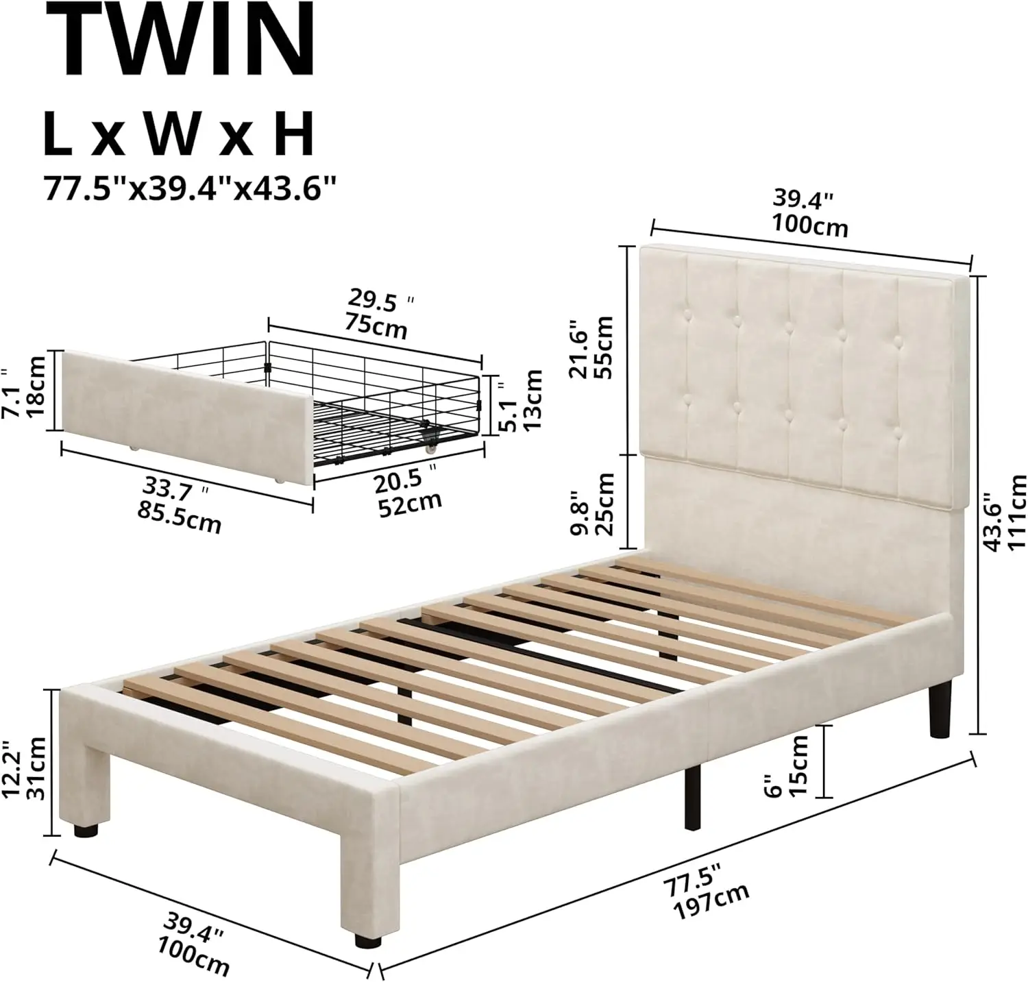 Twin Bed Frame with Under-Bed Drawer, Velvet Upholstered Platform Bed Frame with Headboard, No Box Spring Needed/Noise-Free, Bei