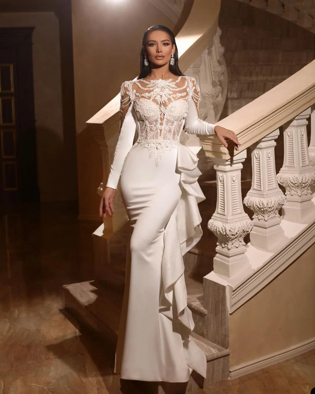 Vestido de novia único de sirena con manga larga, corpiño de ilusión, apliques de satén, espalda con capucha, Formal Ocn, tul hecho a medida