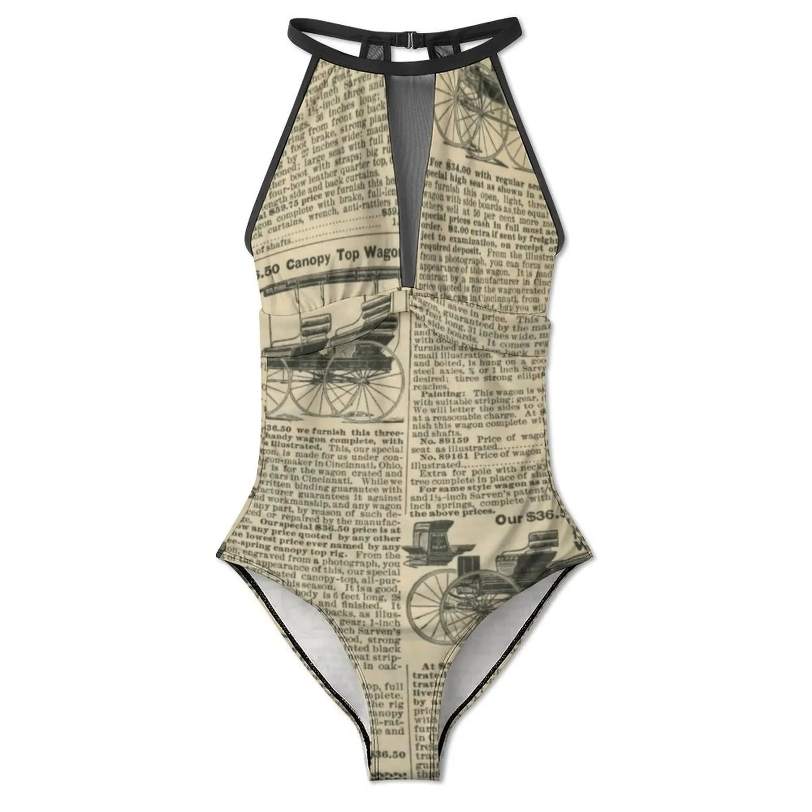 Retro Newspaper Swimsuit Sexy Digital Print Women Swimwear One-Piece Trendy Bodysuit Beach Push Up Sleeveless Beach Wear