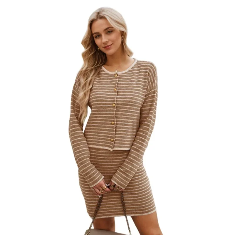 

"Women's Striped Knit Sweater Set Long Sleeve Round Neck Top & Skirt Casual Matching Outfit Autumn Winter Cardigan Coords"
