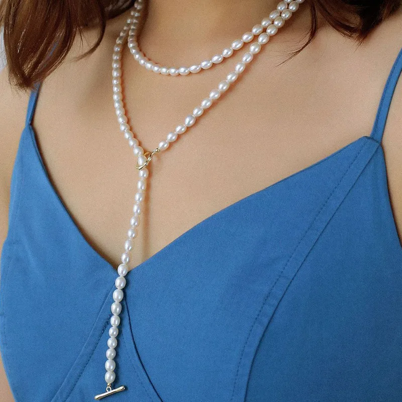 

8-9 мм белое рисовое зерно пресноводный жемчуг свитер цепочка длинное ожерелье женское многослойное