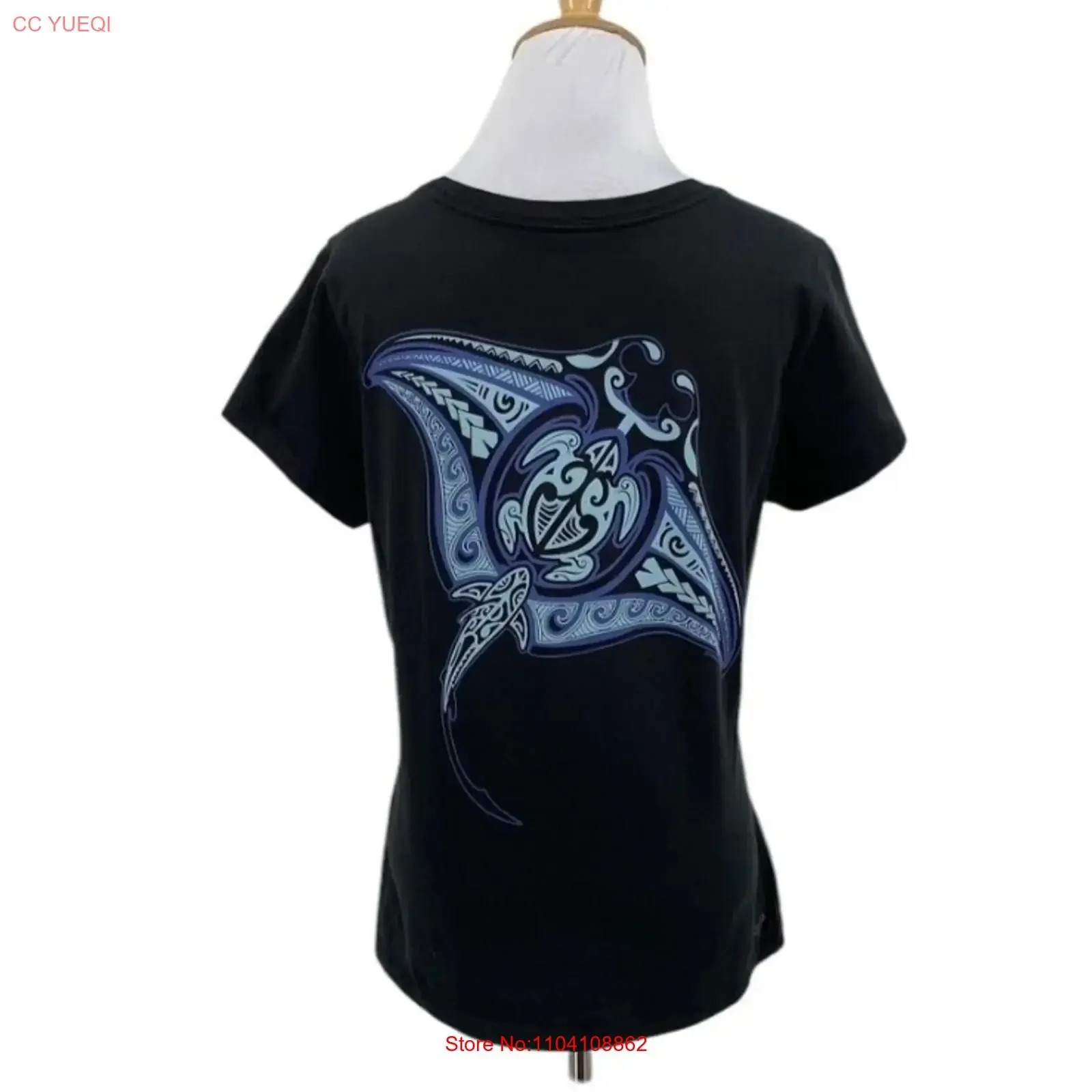 Camiseta Crazy para Mujer, Talla M, Negra, Algodón Pima, Diseño Tribal de Mantarraya, Estilo Vintage, Lavada, Transpirable, Suave, Ropa de Diseñador, Versátil