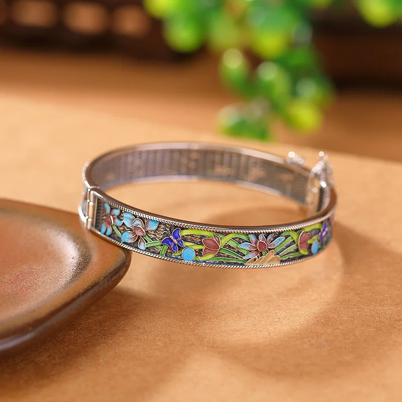 

GXGlint 925 Sterling Silver Cloisonné Craft Lotus Bracelet New Chinese Style Rich Blossoms Bangle Charm Bracelet for Women