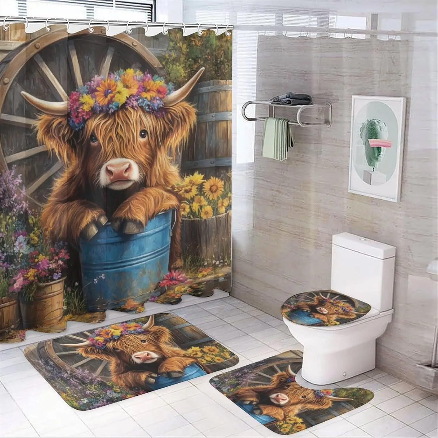 

Modern Highland Cow Shower Curtains with Rugs Toilet Lid Cover and Bath Mat for Bathroom,Home Tub Curtains Sets with Rugs Farmho