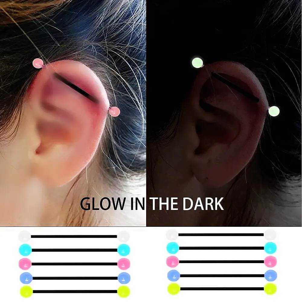 5pcs 14g Acrylic Industrial Scaffold Barbell Glow in The Dark Mixed Colour Flexible Ear Ring Stud Piercing