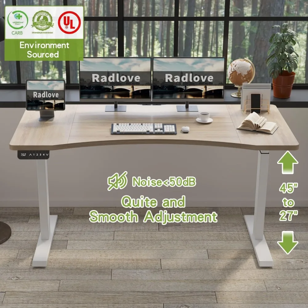 Dual Motors Height Adjustable 63 x 30'' Electric Standing Desk with Curved Design Stand Up Table 4 Memory Keys, Computer Desk