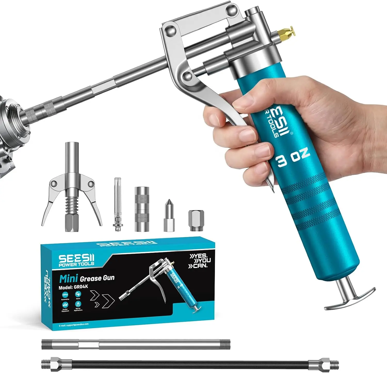 

Seesii Mini Grease Gun 3 Oz 4000 PSI Portable Small Grease Gun Kit with Upgraded Air Bleed Valve Mini Oil Change Tool for Easy Priming Works with Cartridge & Bulk Grease 4 Reinforced Couplers for Automotive Marine