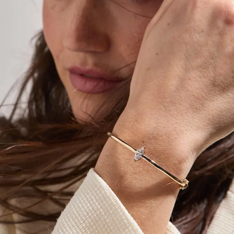 Minimalist Marquise Crystal Bangle Bracelet Sparkling Zircon Hinged Cuff Stackable Jewelry for Women Wedding Party Daily Gift