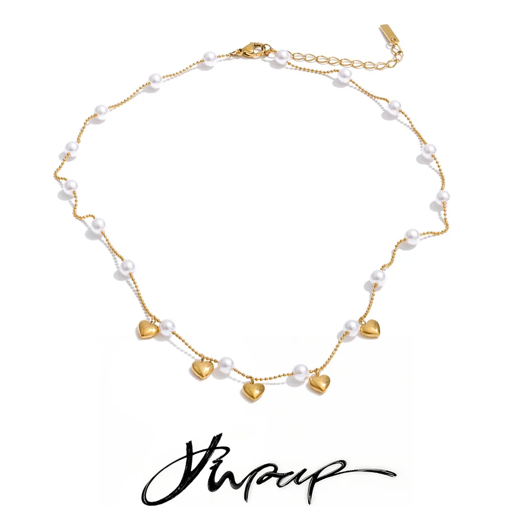 Yhpup Halskette im koreanischen Stil mit simulierten Perlen, Kette mit Herzanhänger für Damen, modische Neuheiten, schicker Halsschmuck, Gala-Geschenk