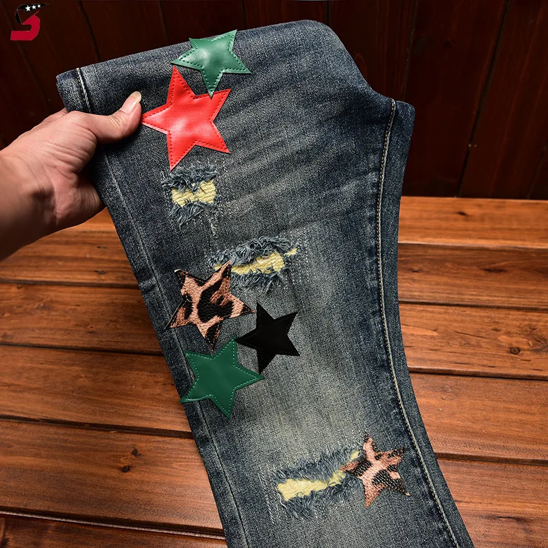 

High Street Fashion Jeans Men's Autumn and Winter Clothing Hole & Patch Personality Star Patch Slim Fit Skinny Stretch Pants