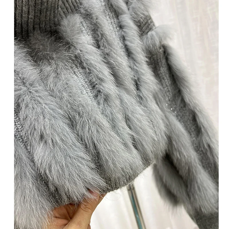 2023Autumn Spring Short Sweater Women Coat Fashion Real Fox Fur Knitted Sweater Real Fur Loose Full Sleeves Female Coats