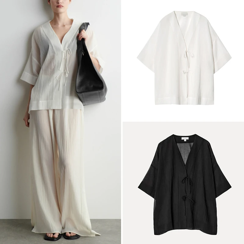 

Summer 2025 Women's Casual irt Folded Front Tie Design Polyester Fiber V-ne ort Sve Regular Fit Pure Color Commute