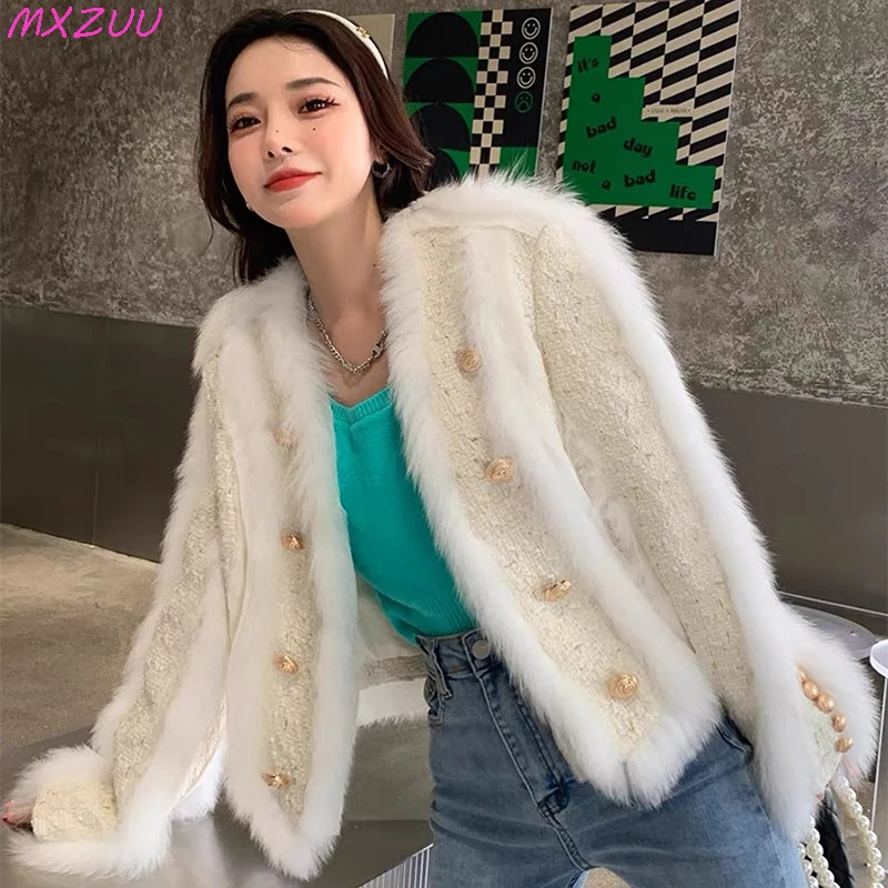 

Fox Fur Coats Woman Winter New Socialite Style Woolen Fabric Stitching Real Fur Double Breasted Short Jackets Casacas Para Mujer