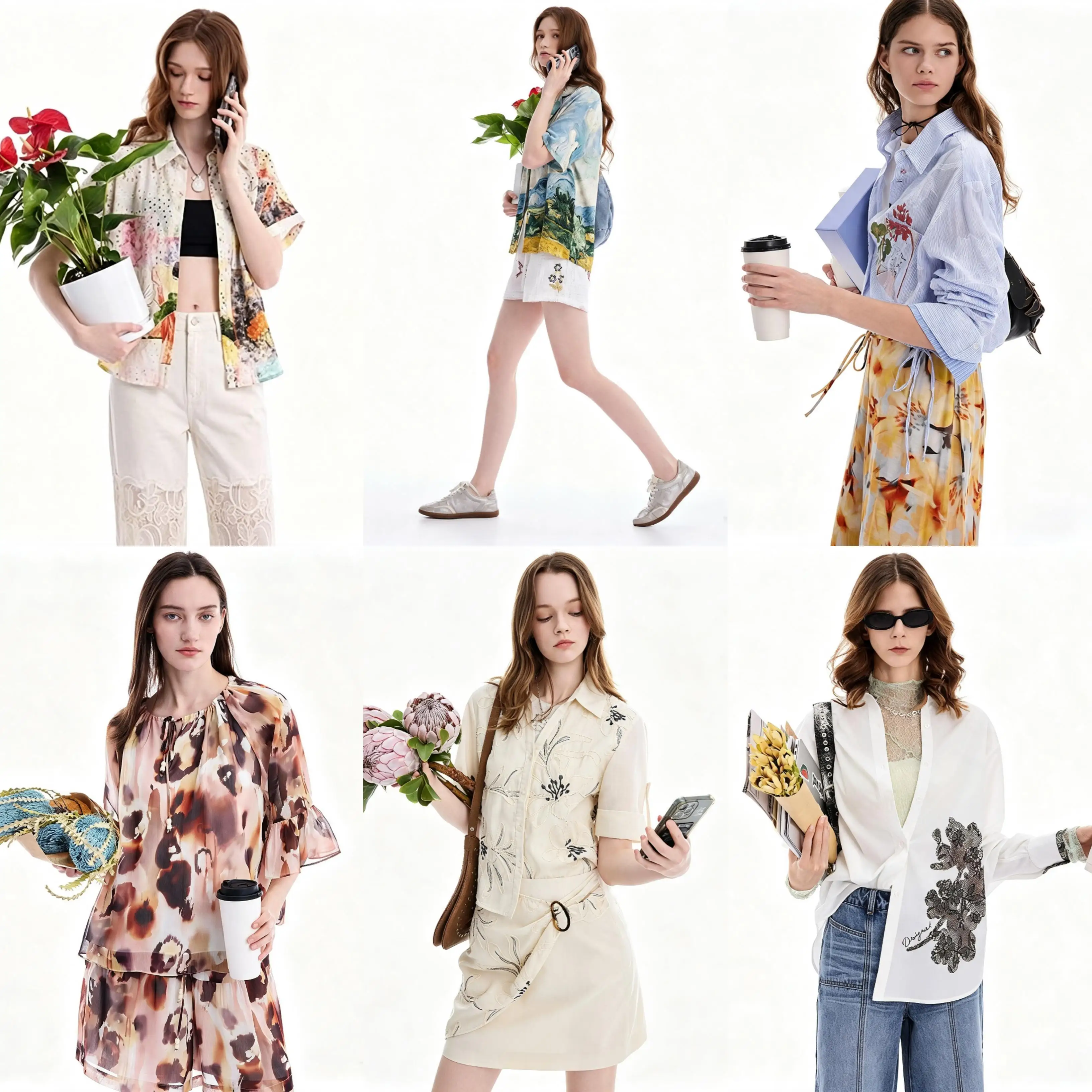 Original foreign trade order, Spanish floral hand-painted landscape embroidery vintage women's shirt