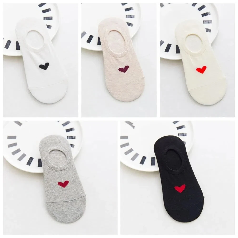 5Pairs Sweat Absorption Love Heart Boat Socks Low Cut Anti Slip Short Tube Socks Sweet Female Hosiery Invisible Socks Outdoor