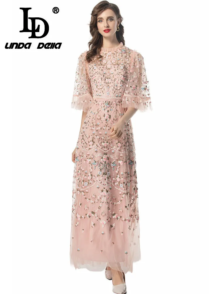 LD LINDA DELLA Summer Runway Fashion Dress Women Vintage Temperame Net Yarn Flowers Embroidery Beading Sequins Gorgeous Dresses