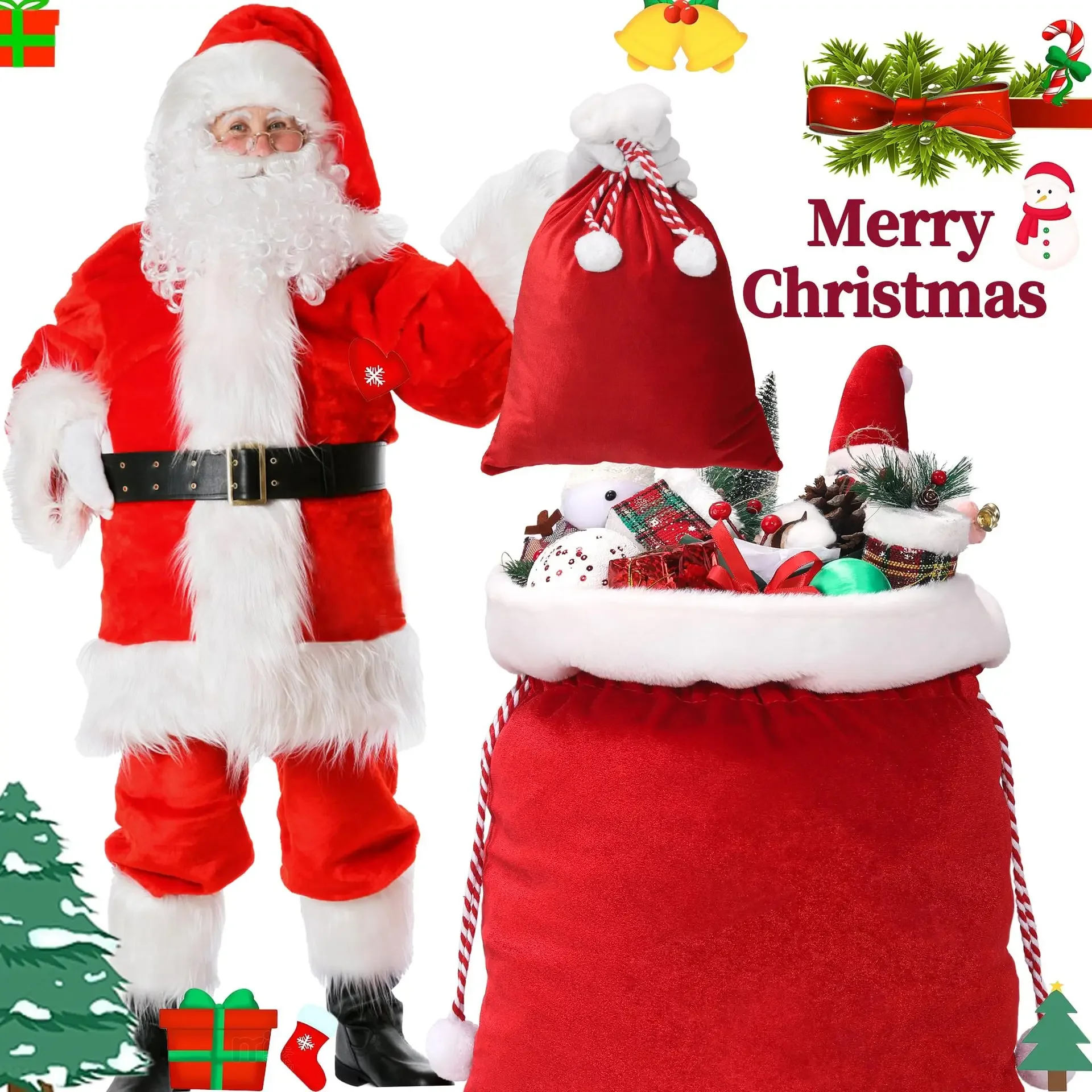 ‌Santa Claus Drawstring Bag ‌Velvet Christmas Gift Bag Plush Backpack Flannel Drawstring Pouch for Candies Decorations