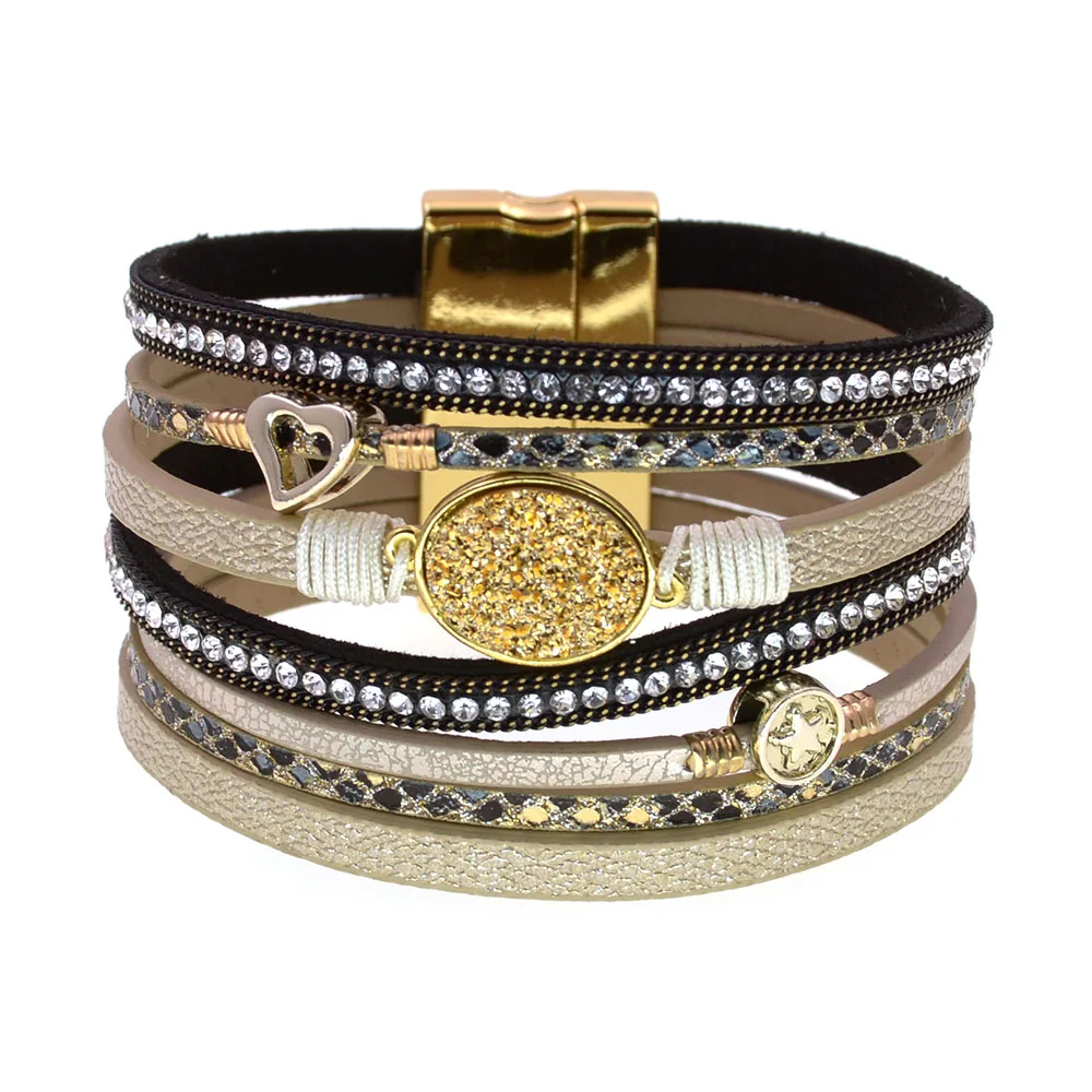 

WELLMORE metal charm Leather Bracelets For Women Multiple Layers stone wrap Bracelets women girl gifts fashion Jewelry wholesale