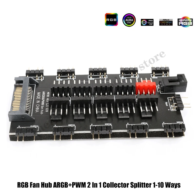 Ventilador RGB Hub ARGB + PWM 2 en 1, divisor de colector de 1-10 vías, compatible con MB 5V, 3 pines AURA SYNC, tira de luz LED SATA, Enfriador de ventilador de PC RGB