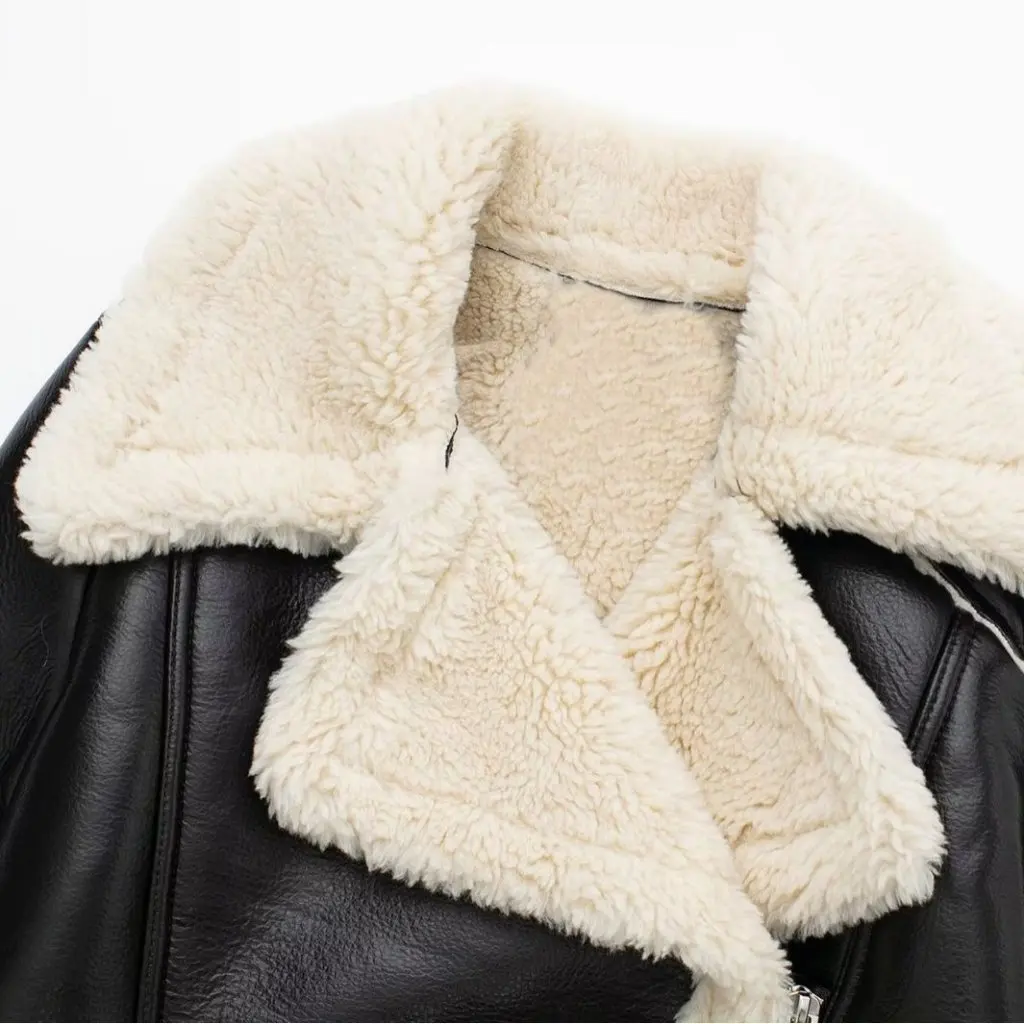 

Women's Retro High Waist Short Leather Jacket Fleece-Lined Thickened Long Sleeve Top for Winter European American Style