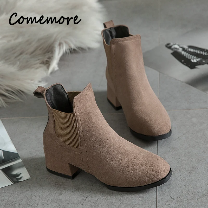 Comemore kobiety średnie obcasy czarne zimowe futerkowe buty 2023 Suede Chunky Heel Chelsea buty moda kobieta botki Botas Mujer 41