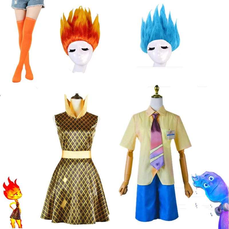 Halloween Party Crazy City Game Clothe for Children Girls Ember Fire Cosplay Princess Dress Boy Water Character Role Costume Wig