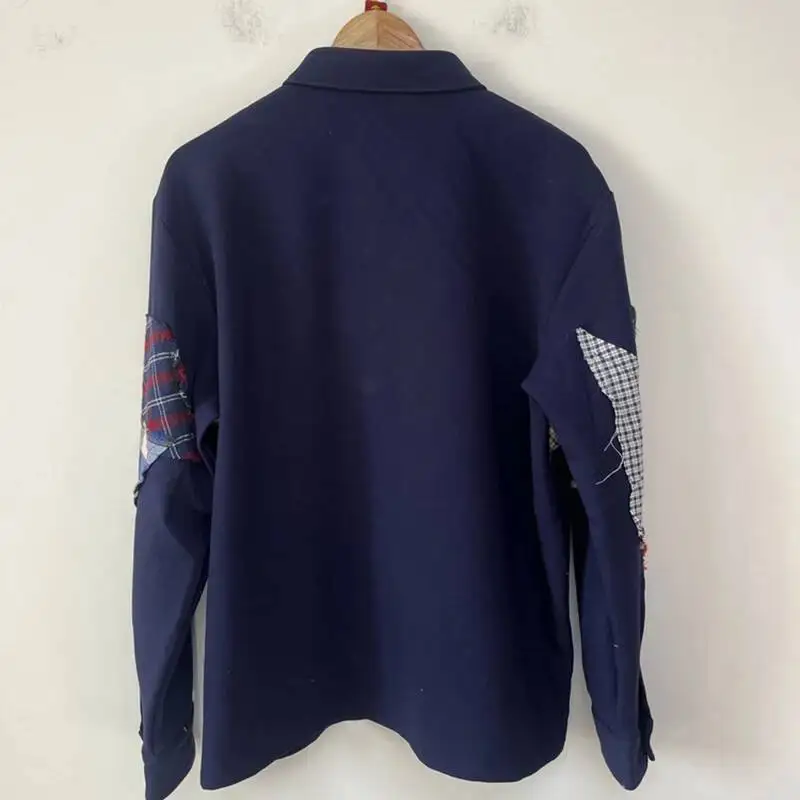 2026 Niche Trend Men's Shirts Frayed Edge Plaid Patchwork Decoration High Street Loose Handsome Versatile Shirt CFRE