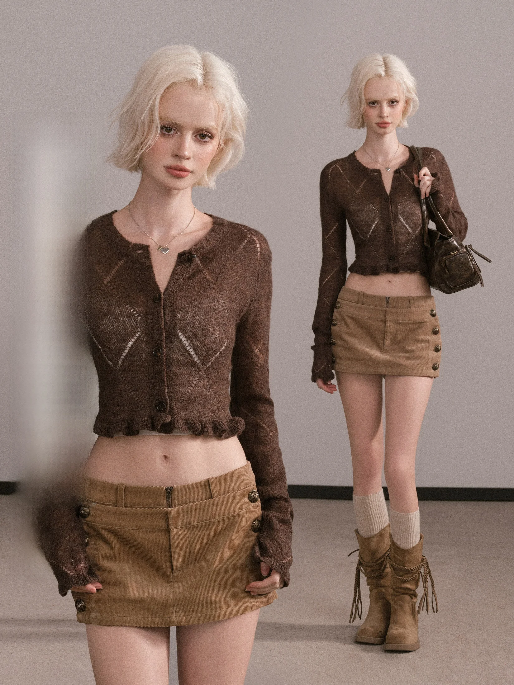 

Кардиган-свитер M Studio Spicy Girl Design с открытым вырезом на талии, вязаный, женский, весна-осень, из смесовой ткани (полиэстер, акрил, шерсть)