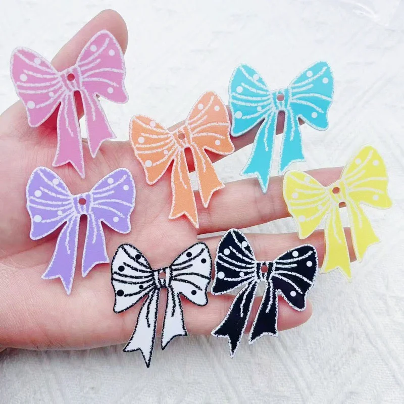 

Оптовая продажа, 46 шт./лот, цветной узор, принт, мультяшный бант, акриловые бусины с бантом, ювелирные изделия своими руками, кулон для одежды, аксессуар