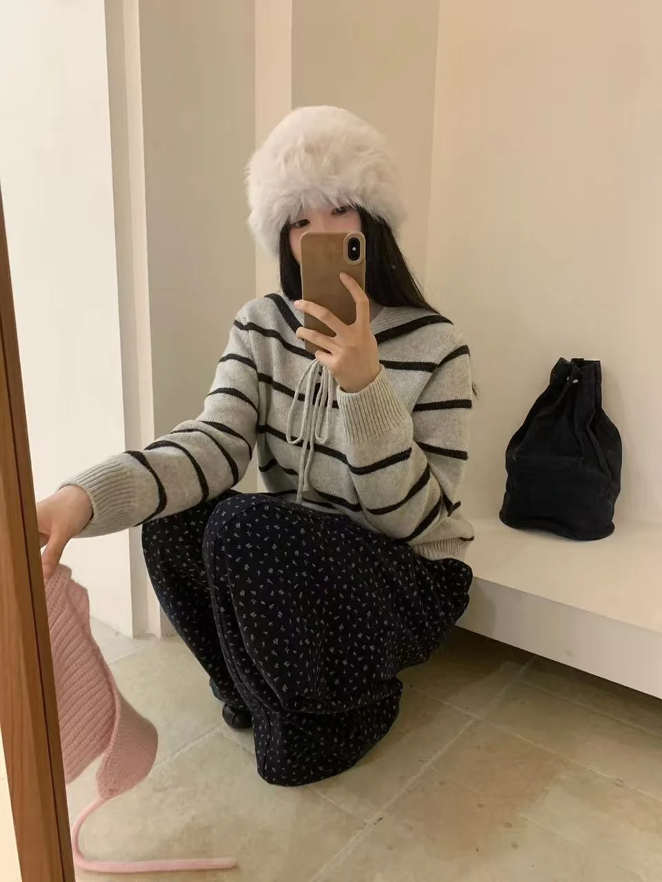 

Ele Striped Full Wool Navy Collar Sweater Women's Autumn Winter Knittedwear Casual Comfortable Loose Fit Long Sve