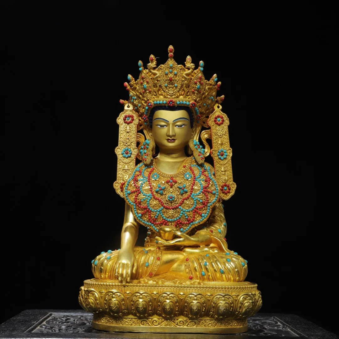 Tibetan Brass Gilt Painting Face Antique Gem Awakening Buddha Statue Home Hall Devotion Supplies Ornament 35cm