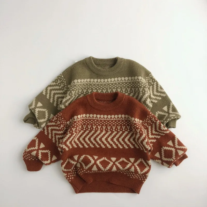 

2023 New Winter Korean Style Children Jacquard Sweaters Thicken Warm Pullovers Tops Unisex Baby Kids Geometric Knitted Sweater