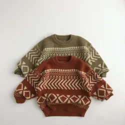 2026 New Winter Korean Style Children Jacquard Sweaters Thicken Warm Pullovers Tops Unisex Baby Kids Geometric Knitted Sweater