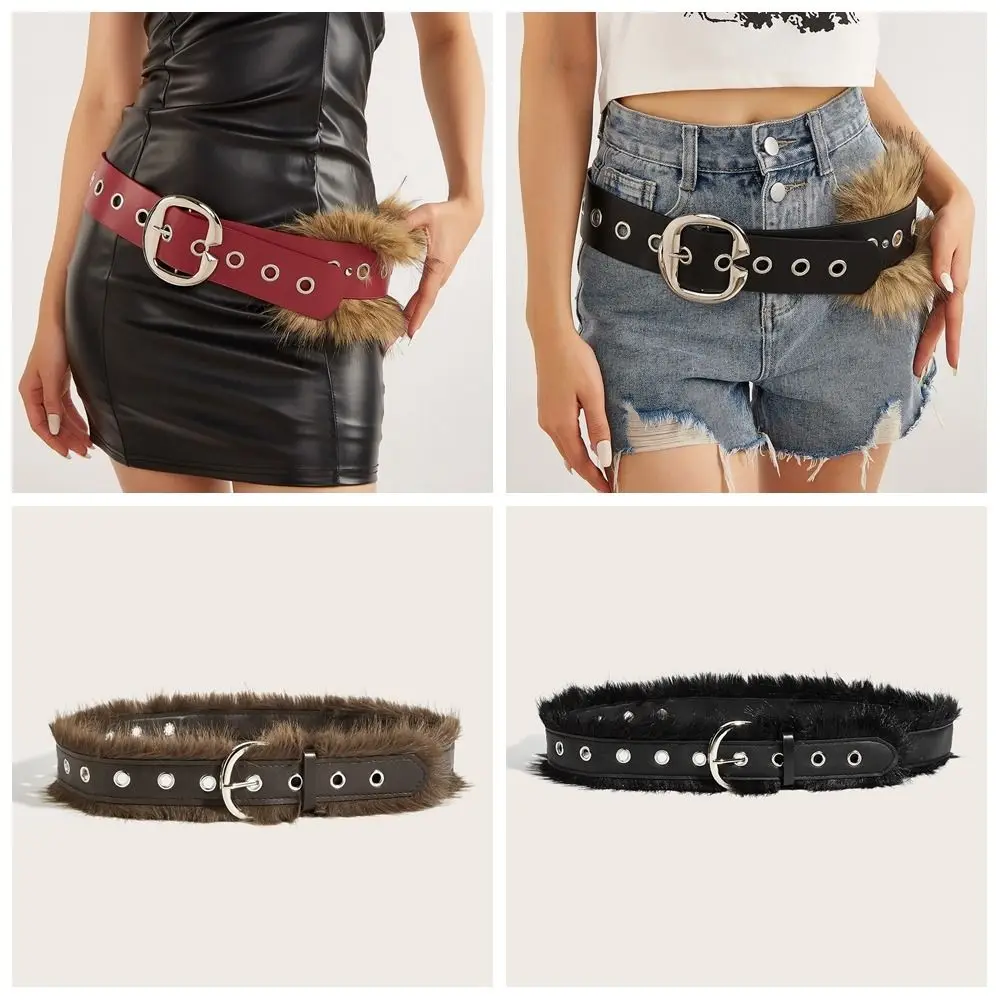 Personality Wide Leather Fur Belt Western Style Metal Buckle Punk Style Belt Jeans Decor Retro Plush Belt Women