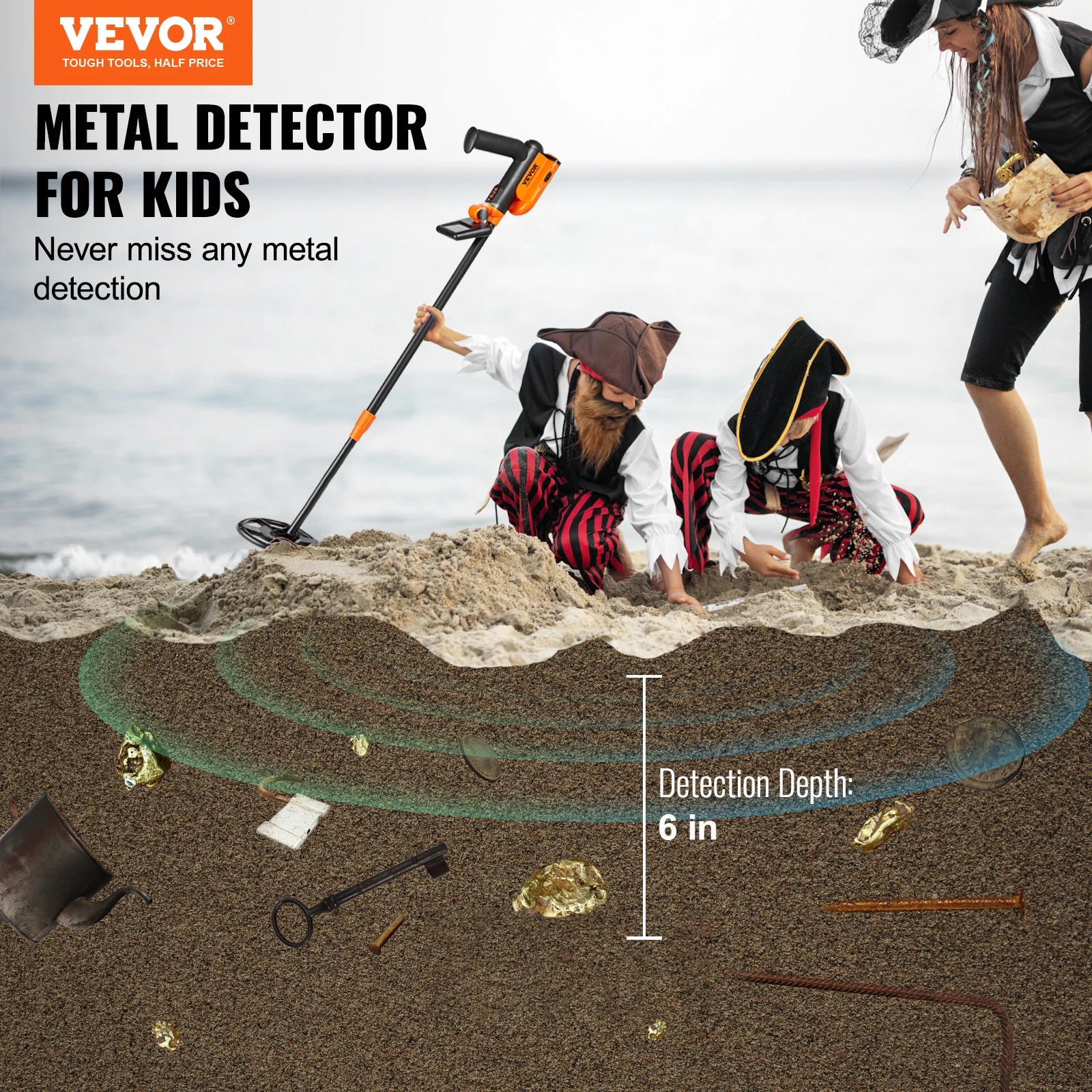 VEVOR Metal Detector for Kids 6Inch 25''-37'' Adjustable Length IP68 Waterproof Search Coil with LCD Display for Detecting Gold