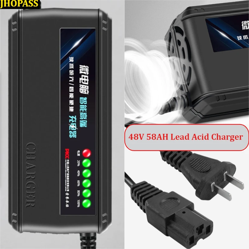 

48 В, 58 Ач, 6 светодиодных дисплеев, умное зарядное устройство для свинцово-кислотного аккумулятора для мотоцикла, электронного велосипеда, скутера, AC110V-220V, зарядка, адаптер ЕС, Австралии, США, Великобритании, вилка