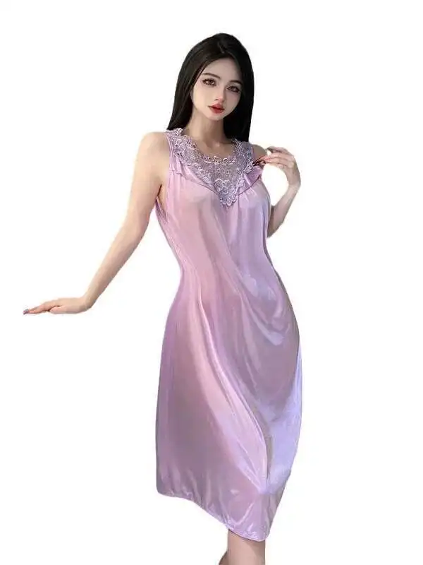 ชุดเดรสเสื้อใส่อยู่บ้านแขนกุดขนาดใหญ่สำหรับฉบับภาษาเกาหลีฤดูร้อนชุดเดรสลูกไม้ทรงหลวมสายเดี่ยว Comfort สายเดี่ยวคอวีตื้น