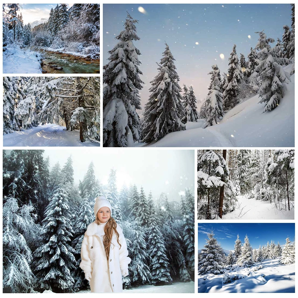 

MOON.QG Snowy Trees Photo Background Winter Forest Pine Backdrops For Photography Family Poster Photobooth Accessories Studio