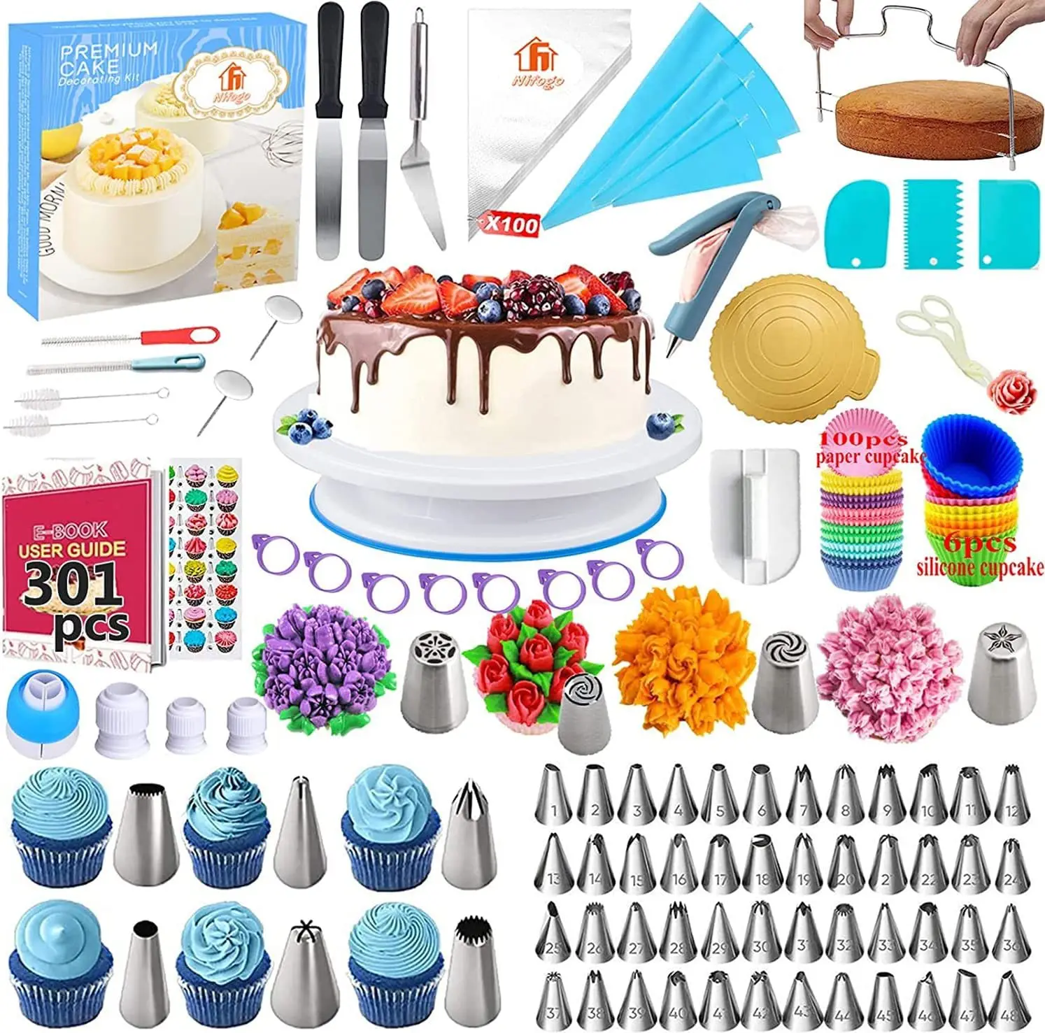 

301Pcs Cake Decorating Kit, Cake Decorating Supplies With Cake Turntable For Decorating, Pastry Piping Bag, Russian Piping Tips