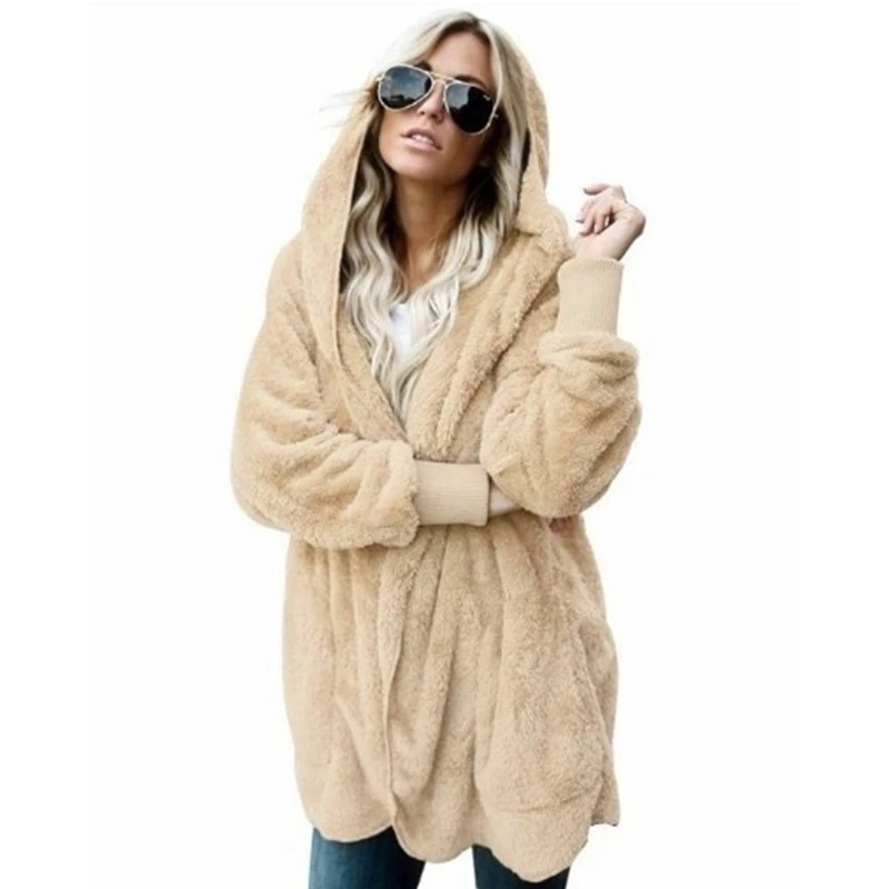 Faux Fur Coat Women 2023 Autumn Winter Warm Soft Long Fur Jacket Outwear Plush Overcoat Pocket Open Stitch Cardigan with Hood