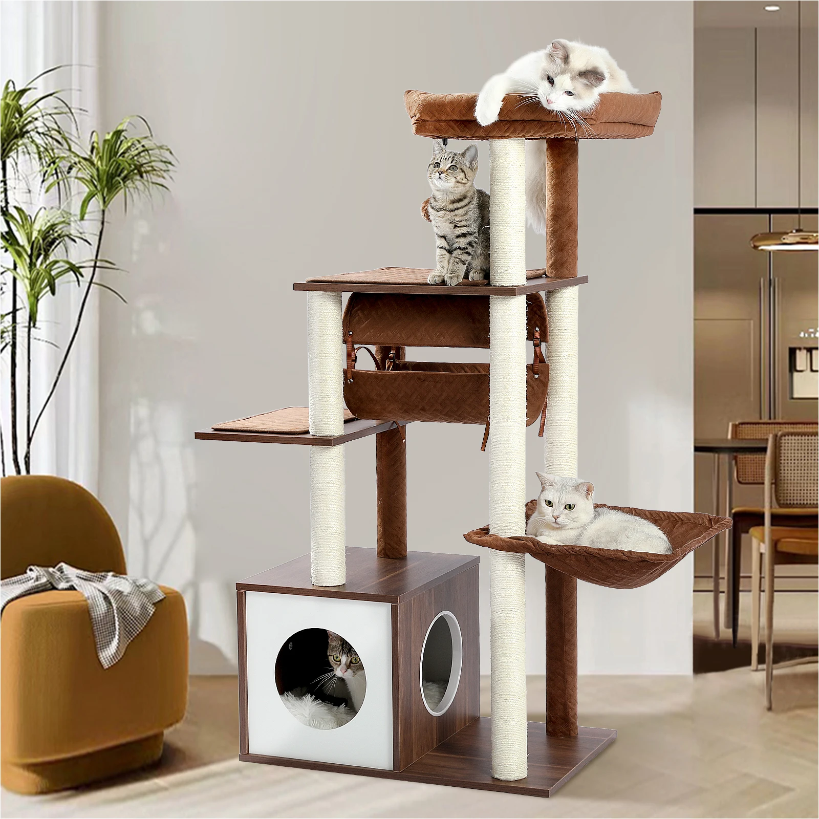

Modern Cat Tree for Indoor Cats Wooden Cat Tower with Sisal Covered Scratching Posts Cozy Condo Hammock Swing Tunnel Cat Toys