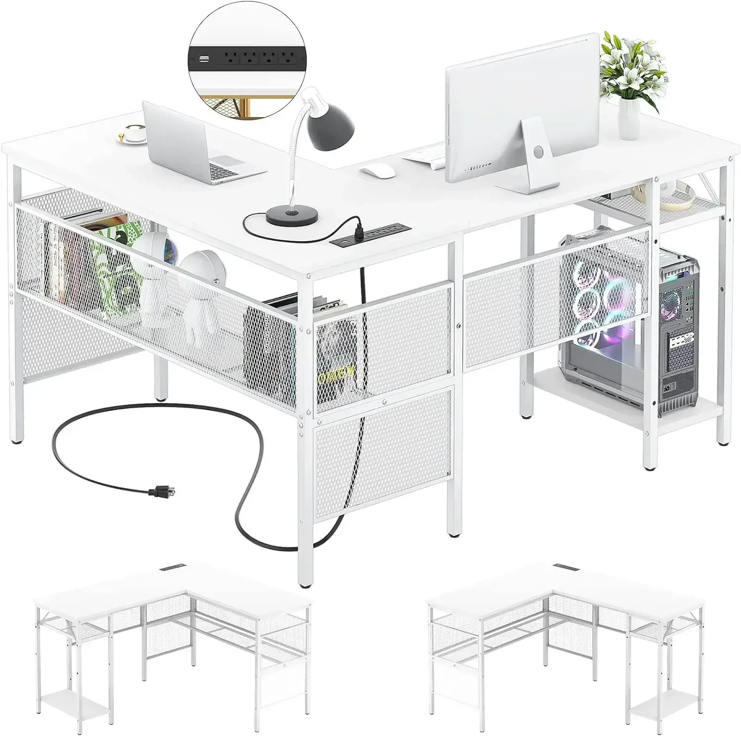 Unikito Magic Portable 4 Outlets L Shaped Desk, Reversible 55 Inch L-Shaped Computer Desk with Storage Shelf and USB Charging Po