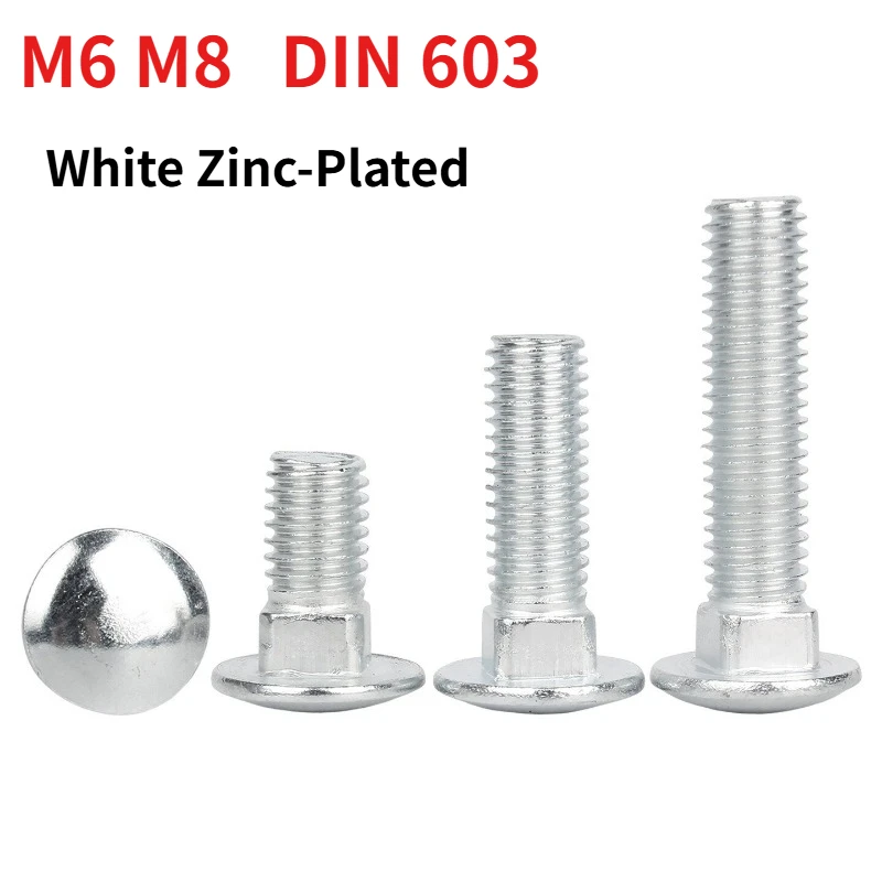 M6 M8 DIN 603 Carriage Bolt, White Zinc-Plated Carbon Steel, Round Head, Square Neck Coach Bolt, Mushroom Head Screw
