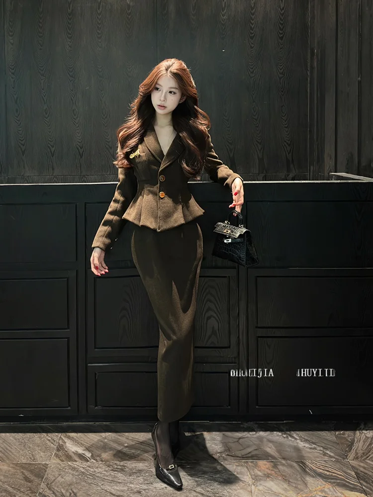 

SYJ ujia Women's plus Size Tailored Suit Jaet And Long Skirt Set High Waist Korean Sle Autumn Faion Ensemble