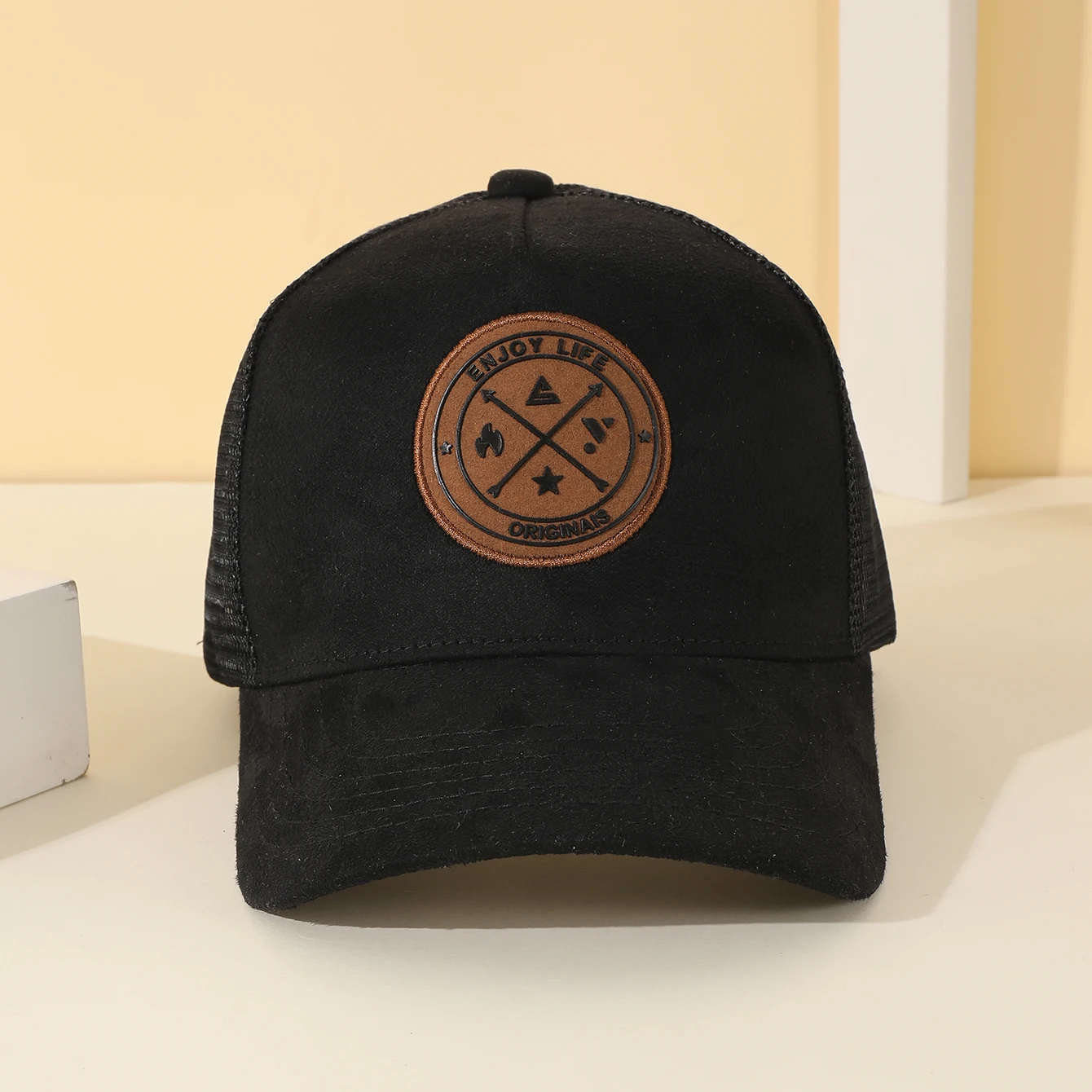 Retro-Baseballkappe aus Wildleder-Patchwork mit rundem Logo, atmungsaktiver Sommer-Sonnenhut aus Mesh, lässiger Sonnenschutzhut für den Außenbereich – Detail 13