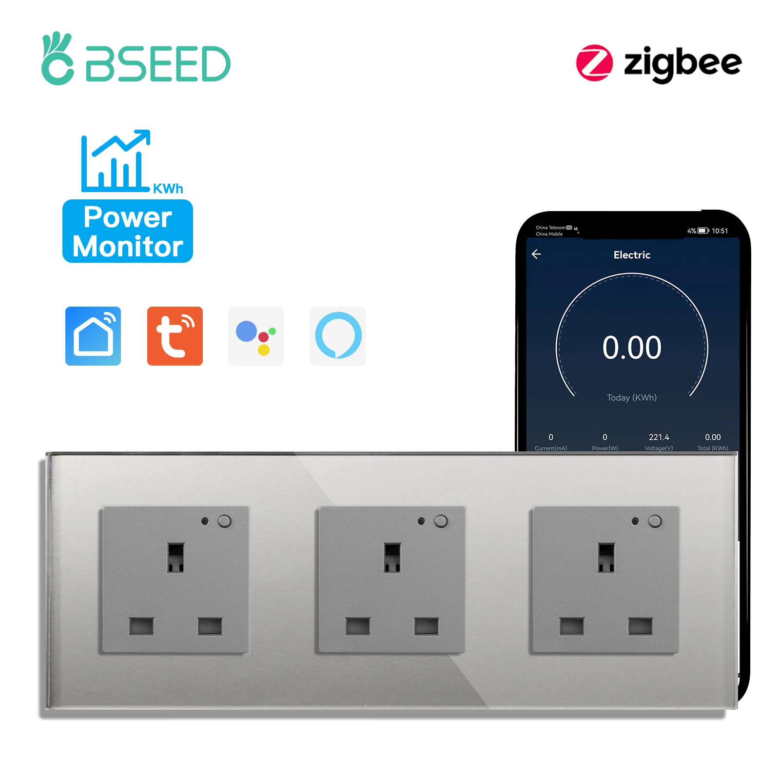 BSEED UK Standaard Zigbee Power Monitor Socket Slimme dubbele elektrische stopcontacten Tuya Smart Iife Google Home Control 13A