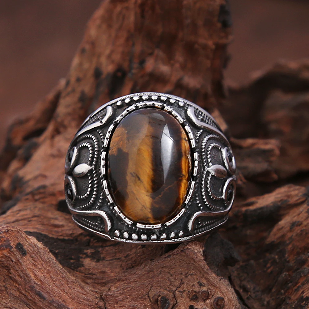 

Vintage Brown Stone Ring For Men 316L Stainless Steel Oval Rings Fashion Party Retro Accessories Jewelry Gifts Dropshipping