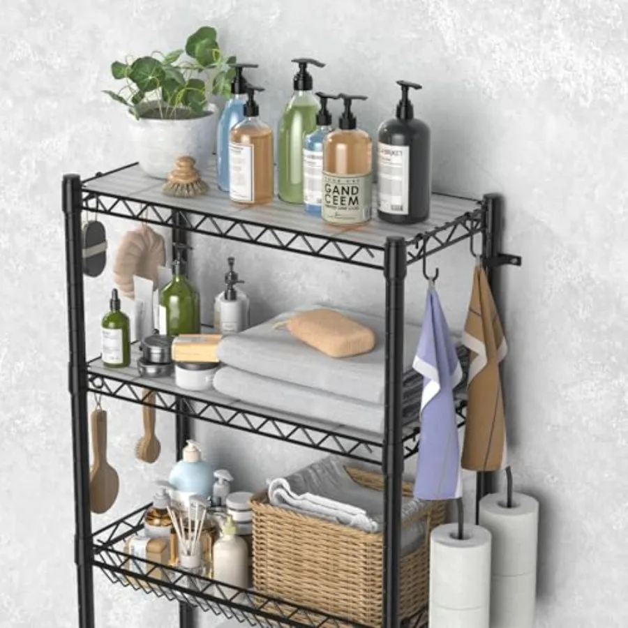 رف تخزين فوق المرحاض مع تصميم قابل للتعديل لتنظيم الحمام والمطبخ يتميز بحامل ورق المرحاض المدمج