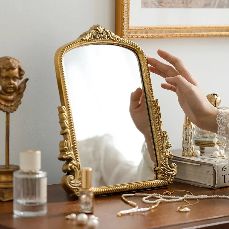 Retro desktop makeup  Wall-mounted decorative mirror Carved mirror Dressing mirror Wooden desktop
