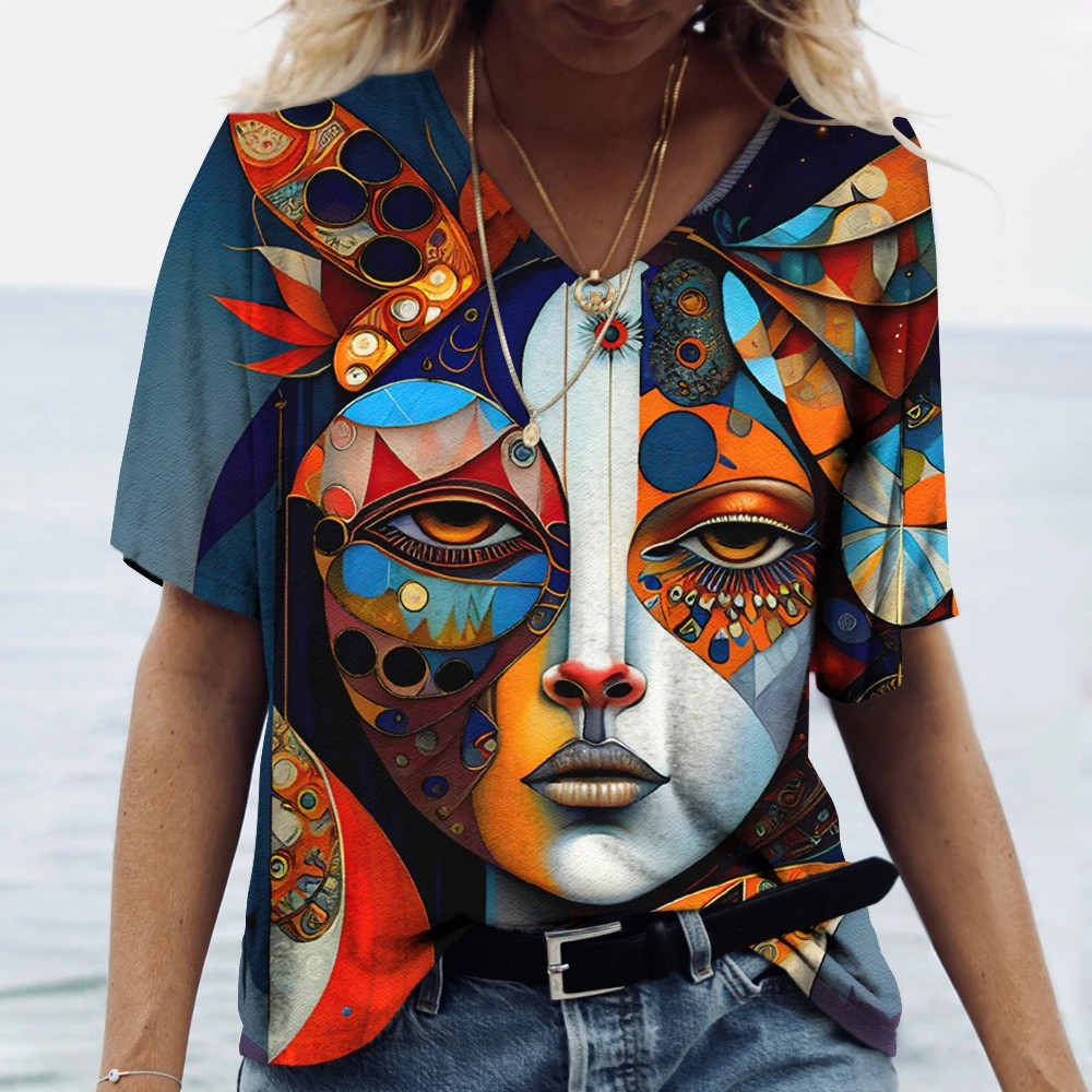 

Funny 3D Beauty Pattern Women's T-Shirts Fashion V-neck Short Sleeve Top Summer Street Hip Hop Tee Fashion Loose Female Clothing